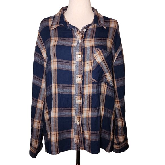 aerie Other - NEW Aerie Soft Gauze Cotton Button-up Pajama Shirt Size XL Blue/Tan Plaid
